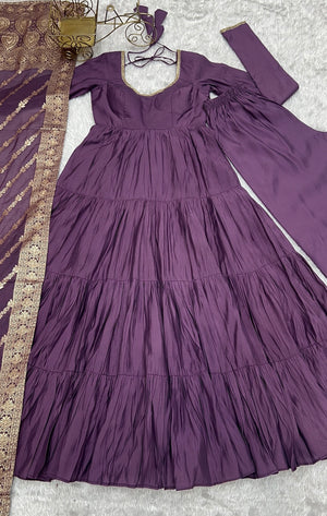Roman Chanderi Silk Embroidered Anarkali Set – Purple