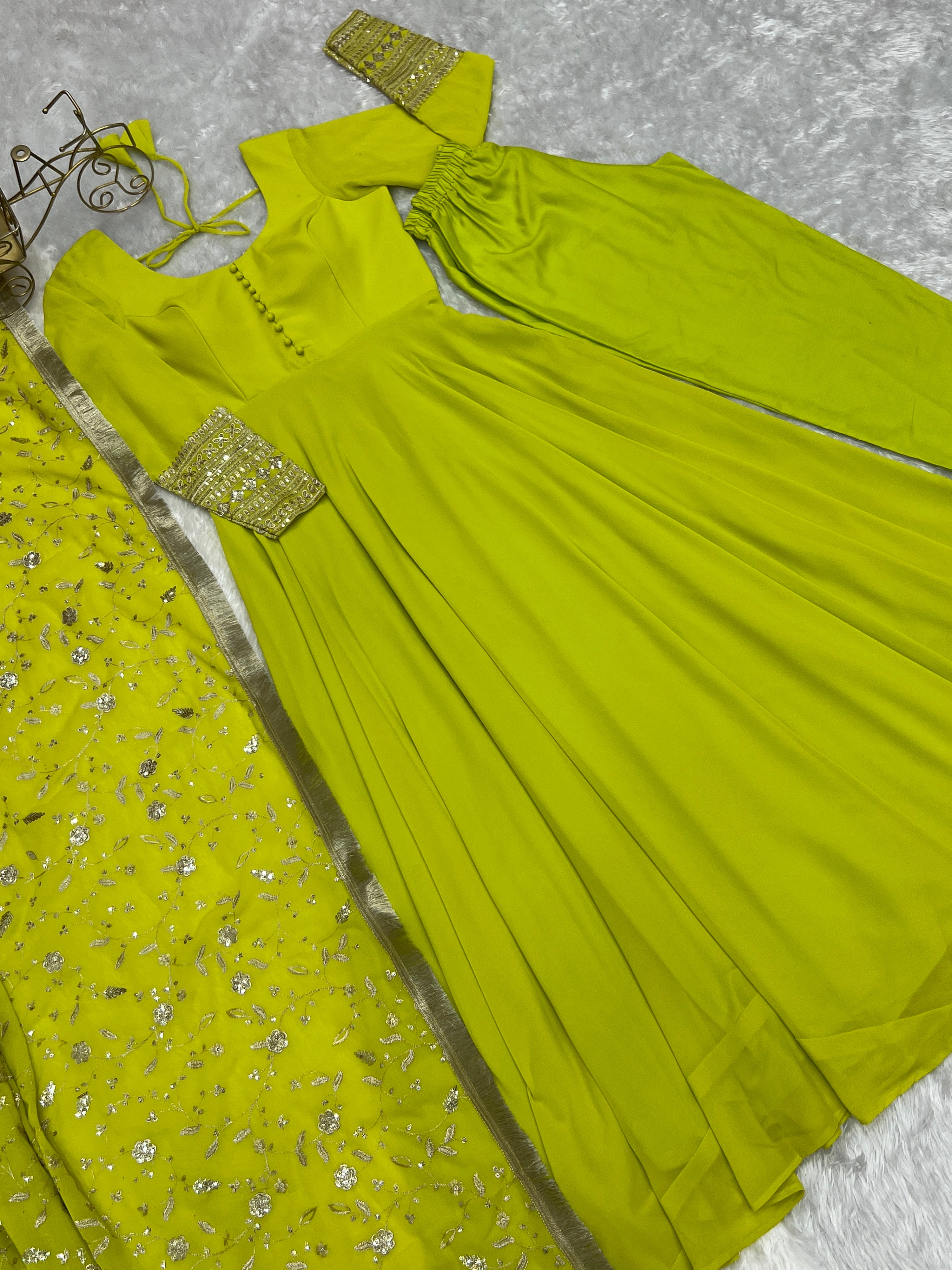 Georgette Embroidered Gown Set – Lemon Green