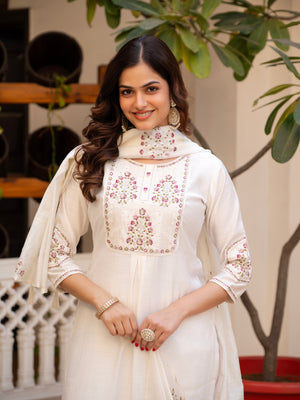 Pure Viscose Mango Silk Embroidered Straight Kurti Set – White