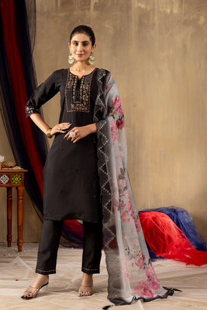Roman Silk Embroidered Straight Kurti Set – Black