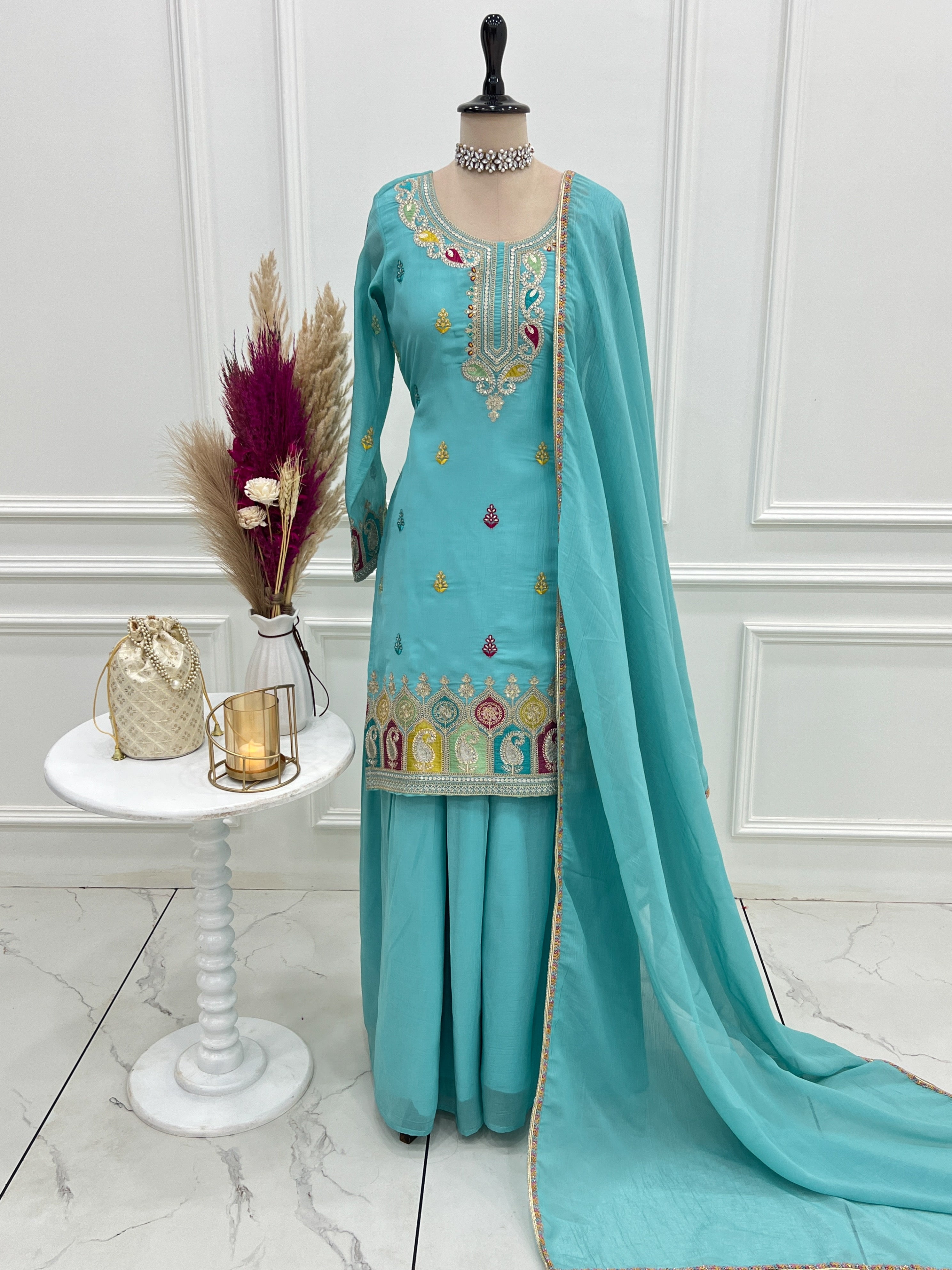 Crunchy Silk Embroidered Kurta-Sharara Set – Sky Blue