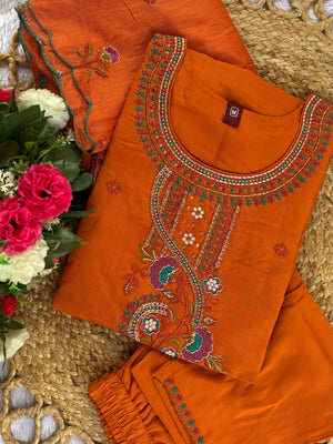 Roman Silk Embroidered Straight Kurti Set – Orange