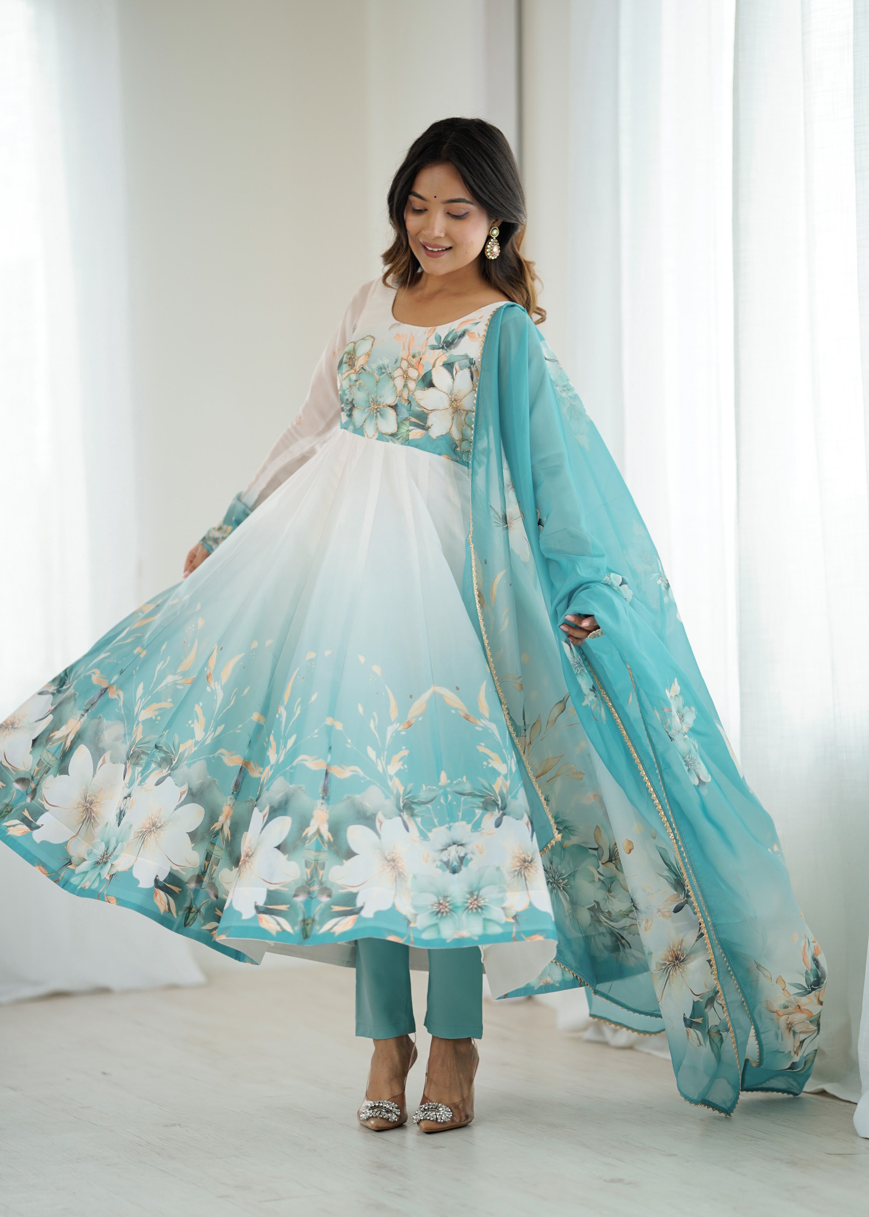 Organza Silk Printed Anarkali Set – Aqua Blue