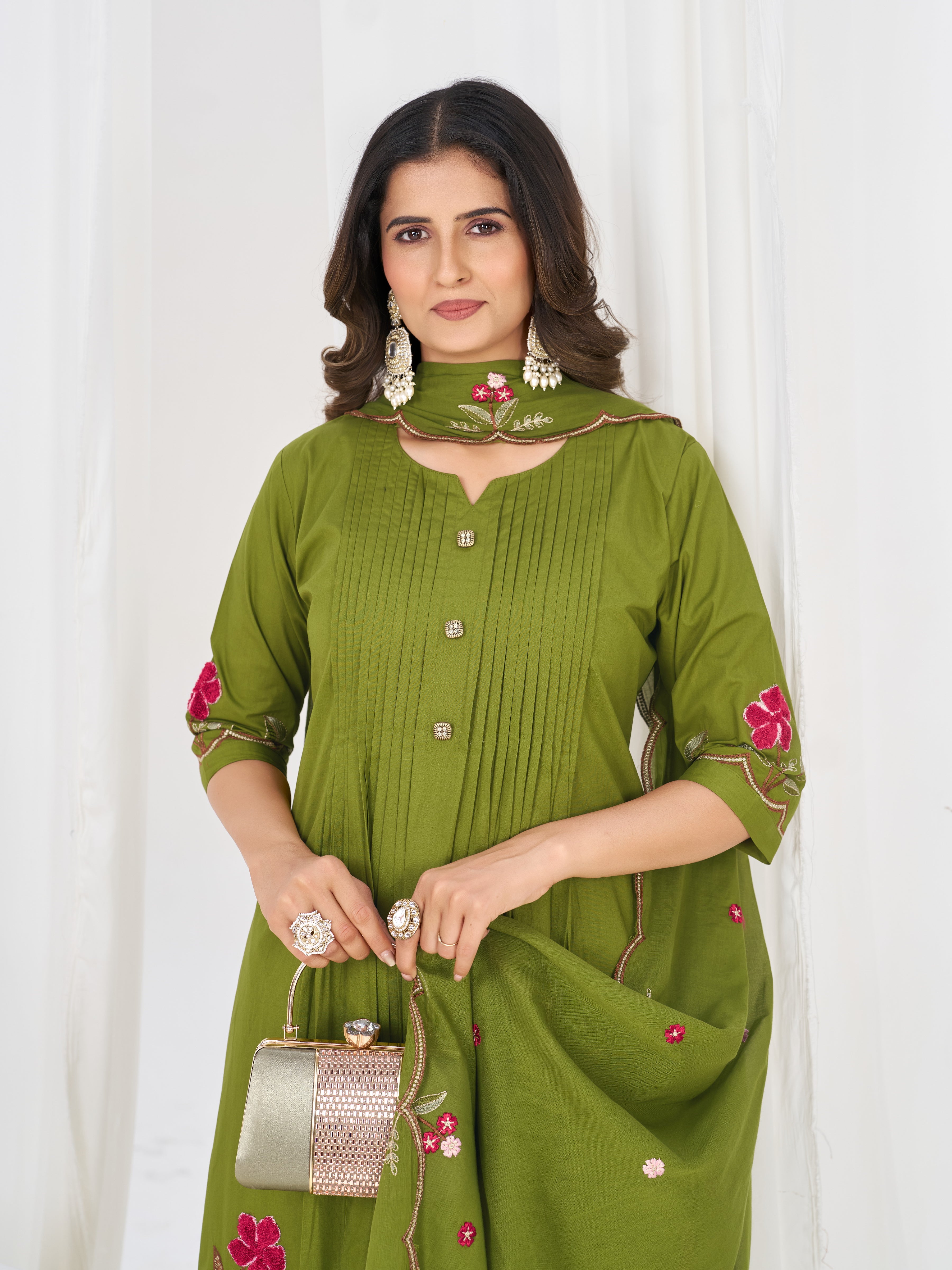 Pure Cotton Embroidered Anarkali Kurti Set – Green