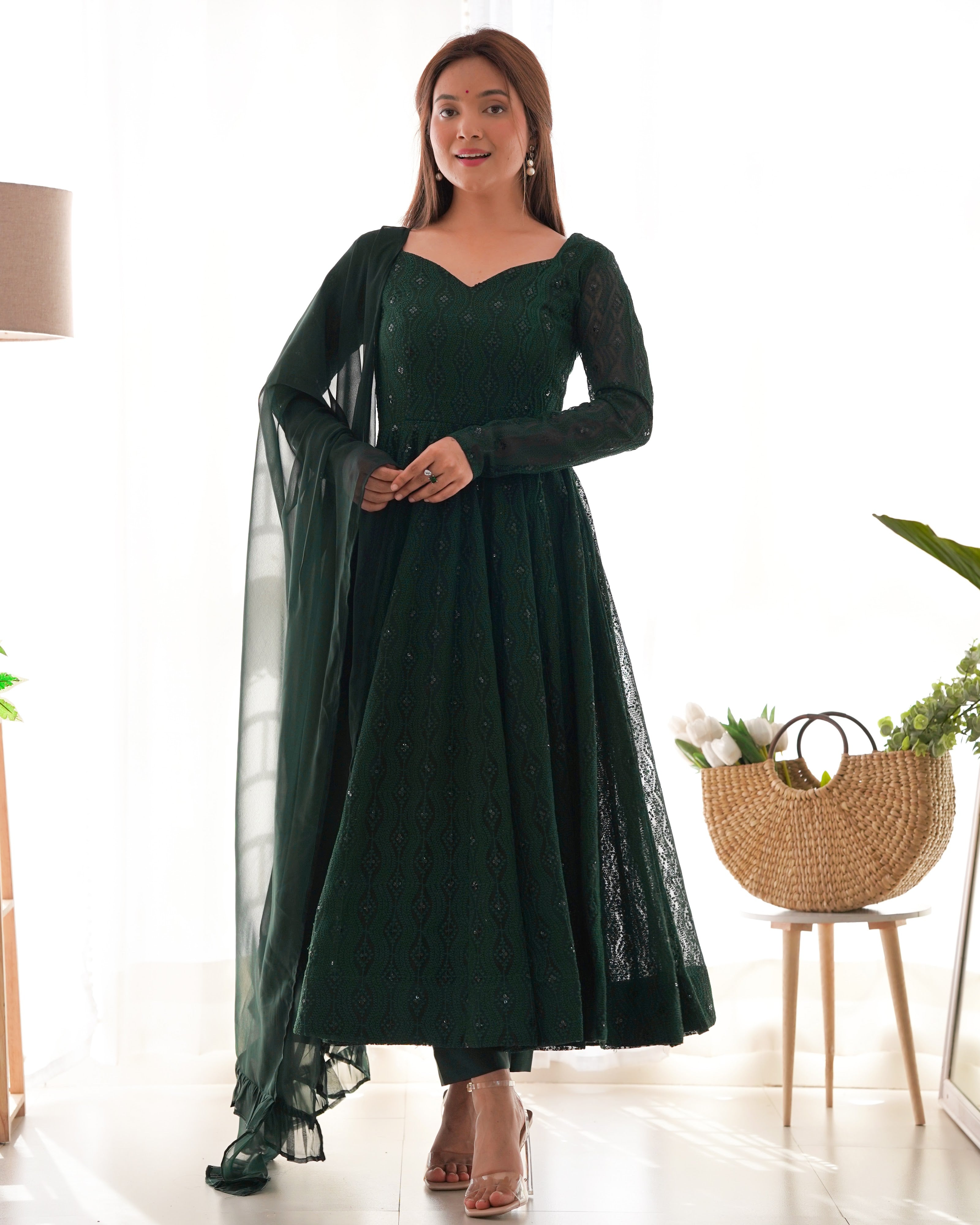 Georgette Embroidered Anarkali Set – Bottle Green