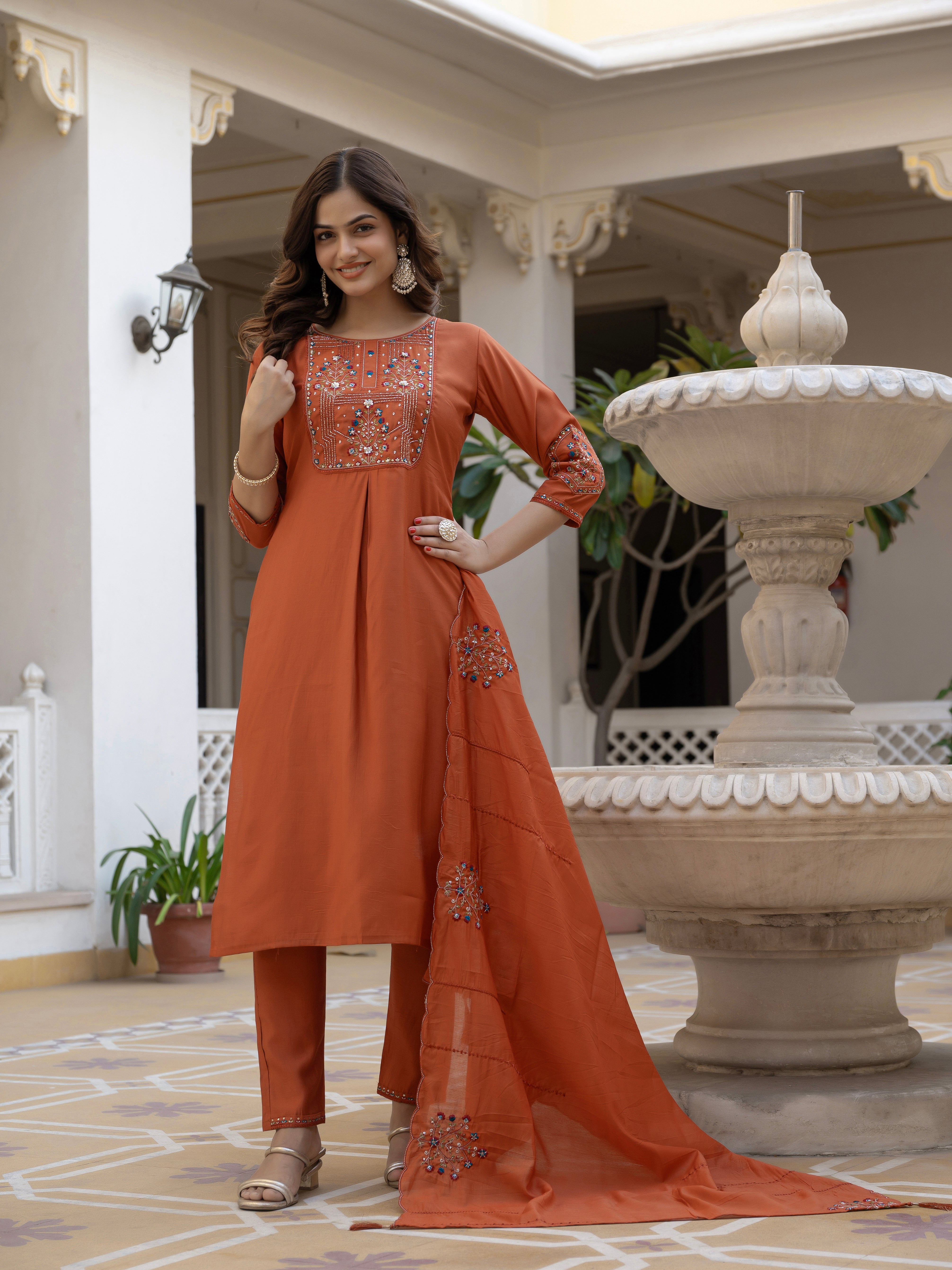 Pure Viscose Mango Silk Embroidered Straight Kurti Set – Rust