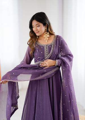 Crunchy Silk Embroidered Gown Set – Purple