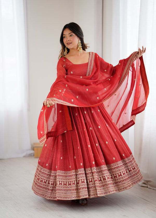 Crunchy Silk Embroidered Gown Set – Rust