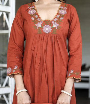 Soft Rayon Slub Embroidered Kurta Pant Dupatta Set – Orange