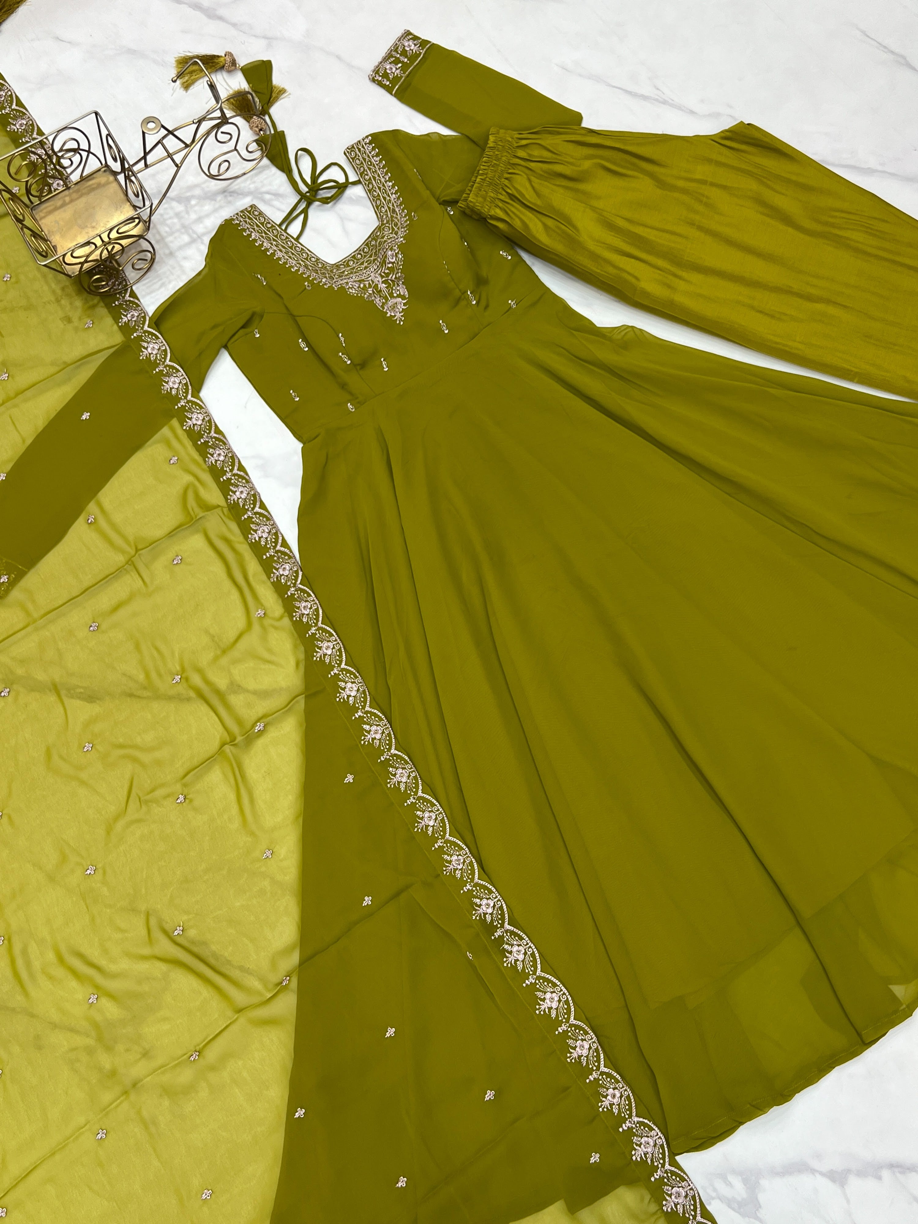 Georgette Embroidered Anarkali Set – Mehndi Green