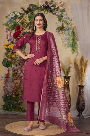 Roman Silk Embroidered Straight Kurti Set – Cerise