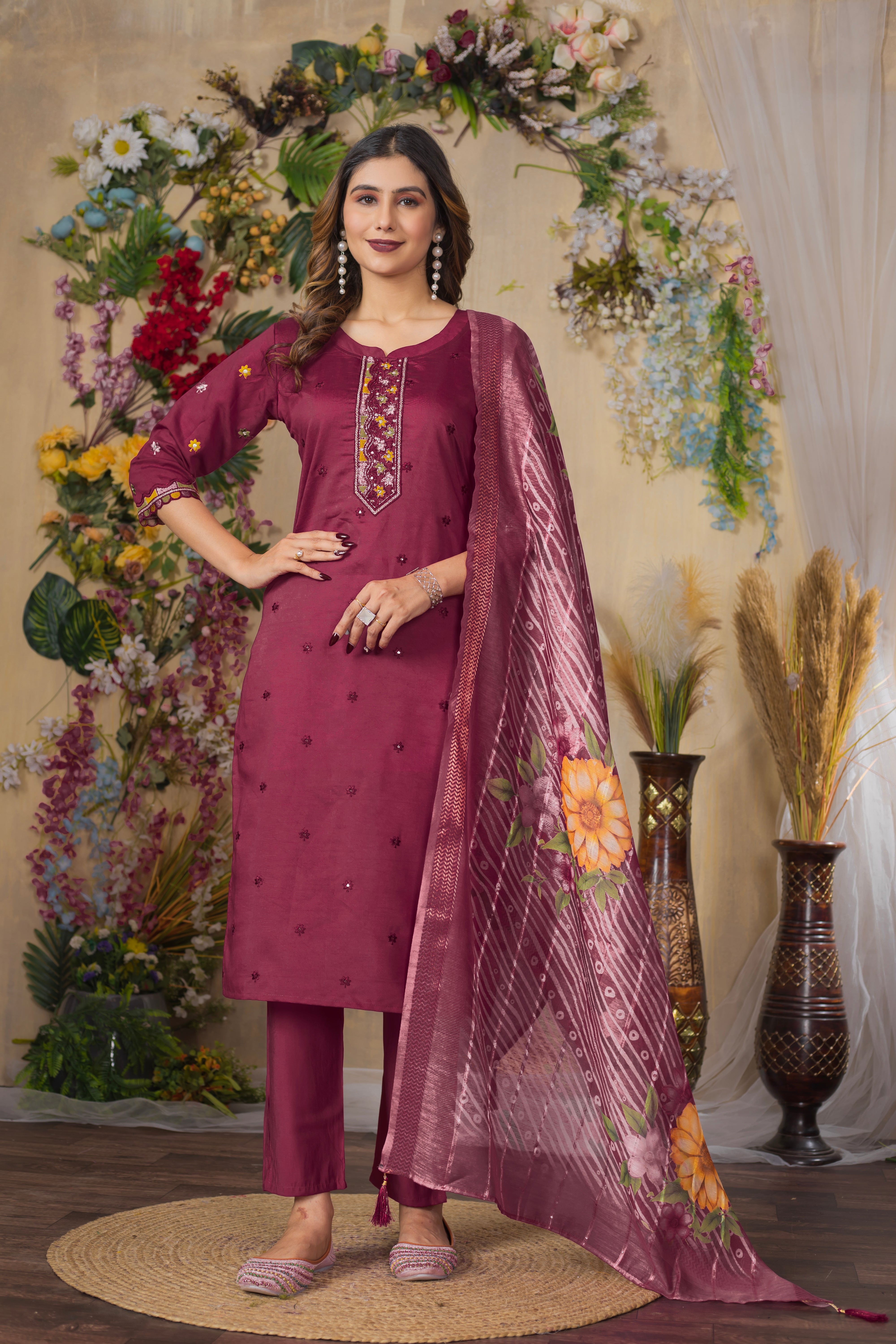 Roman Silk Embroidered Straight Kurti Set – Cerise