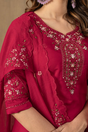 Roman Silk Embroidered Straight Kurti Set – Rani Pink