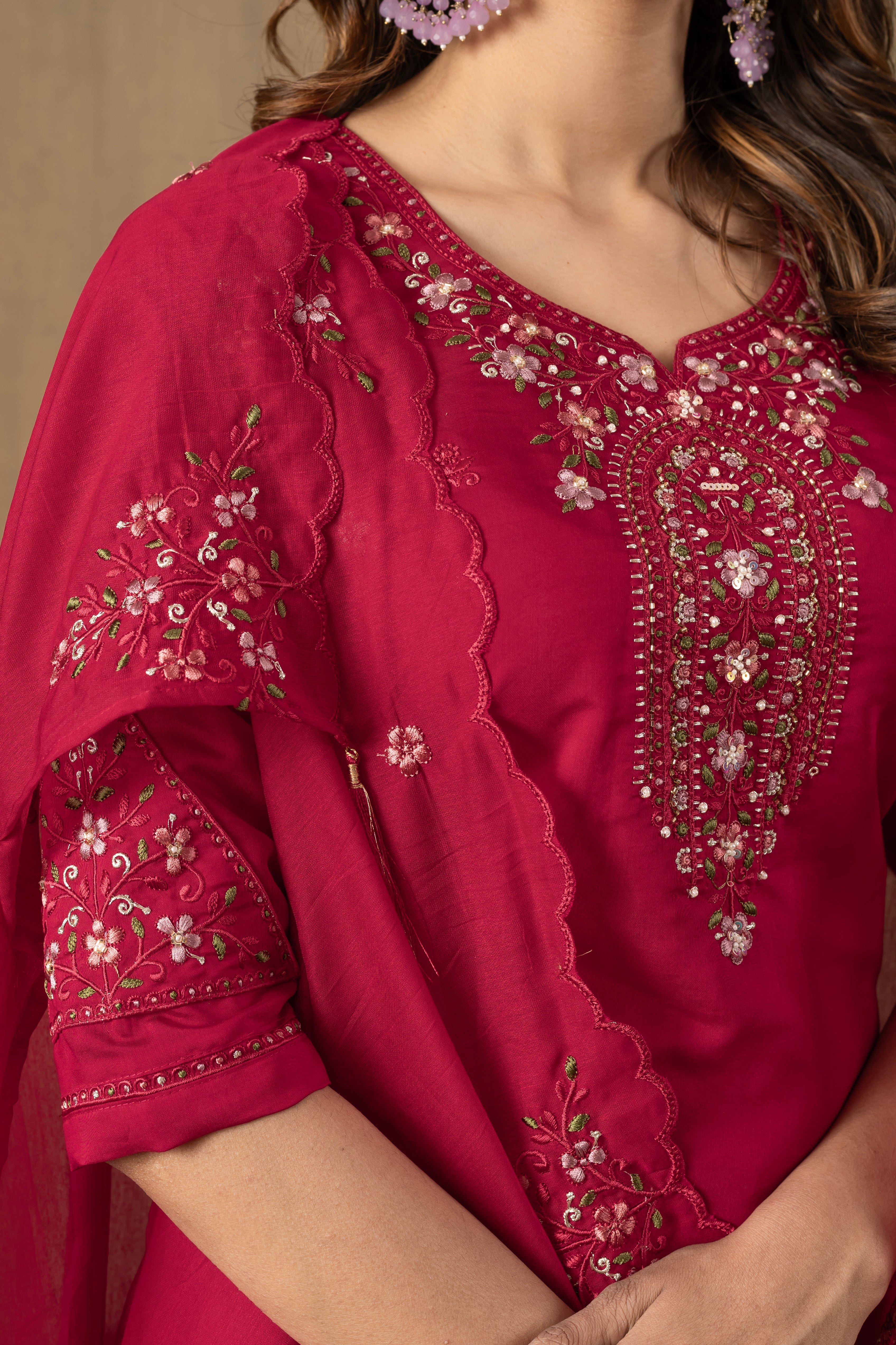 Roman Silk Embroidered Straight Kurti Set – Rani Pink