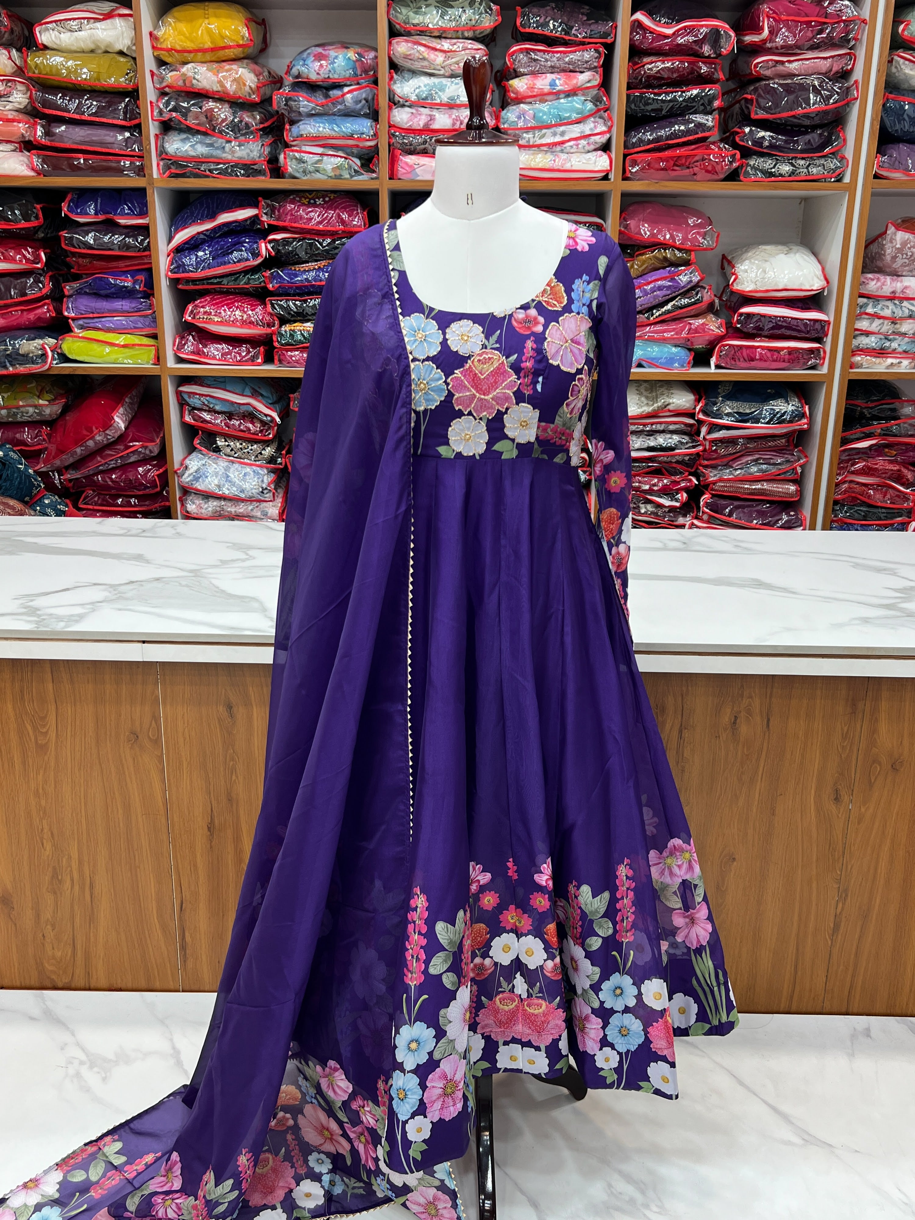 Organza Silk Printed Anarkali Set – Purple