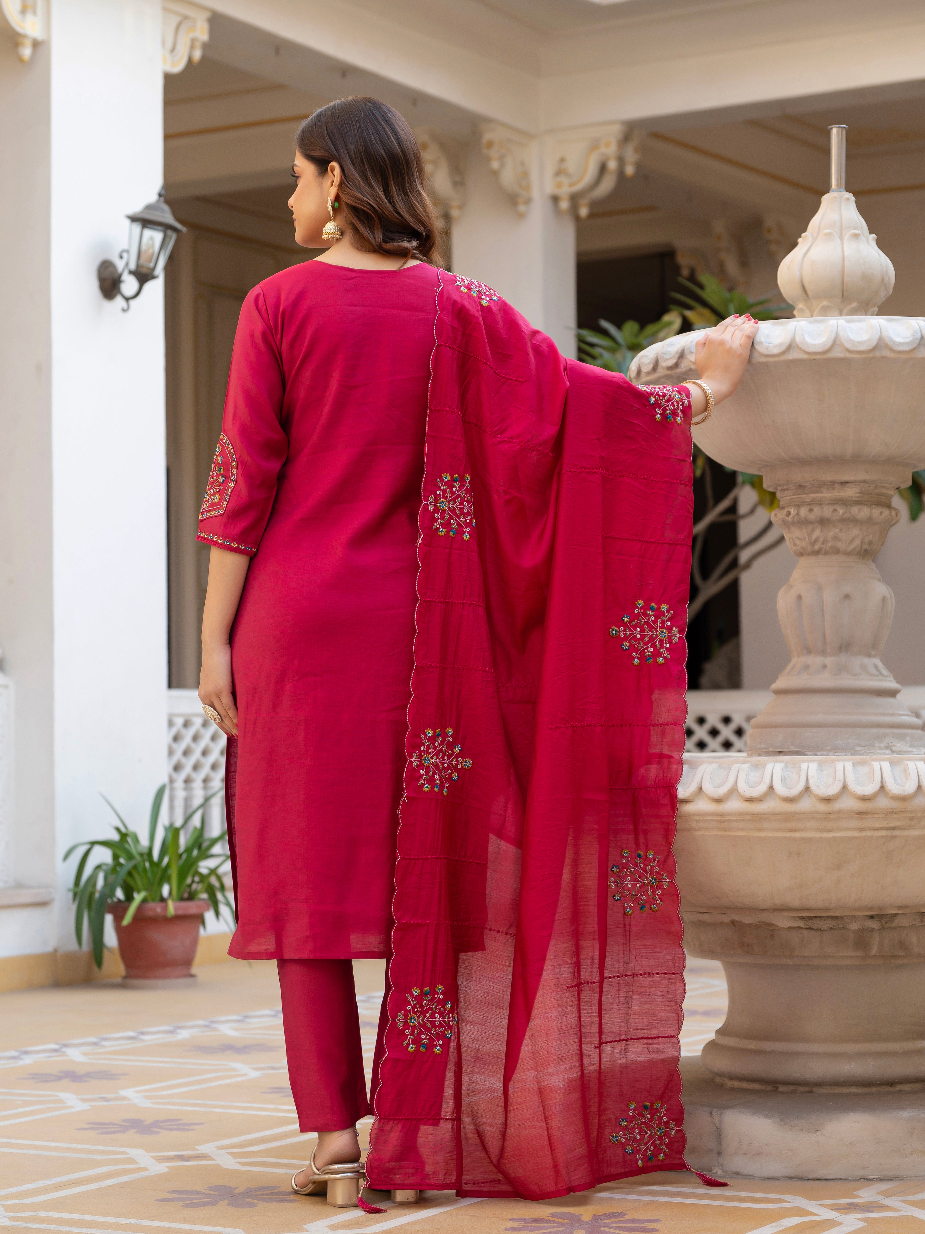 Pure Viscose Mango Silk Embroidered Straight Kurti Set – Pink