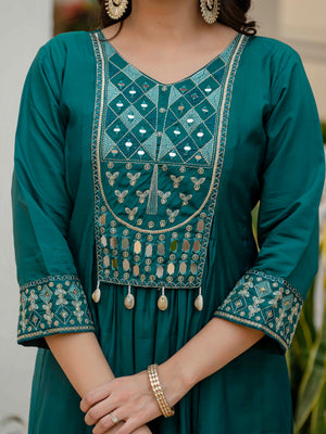 Viscose Roman Silk Embroidered Anarkali Kurti Set – Teal
