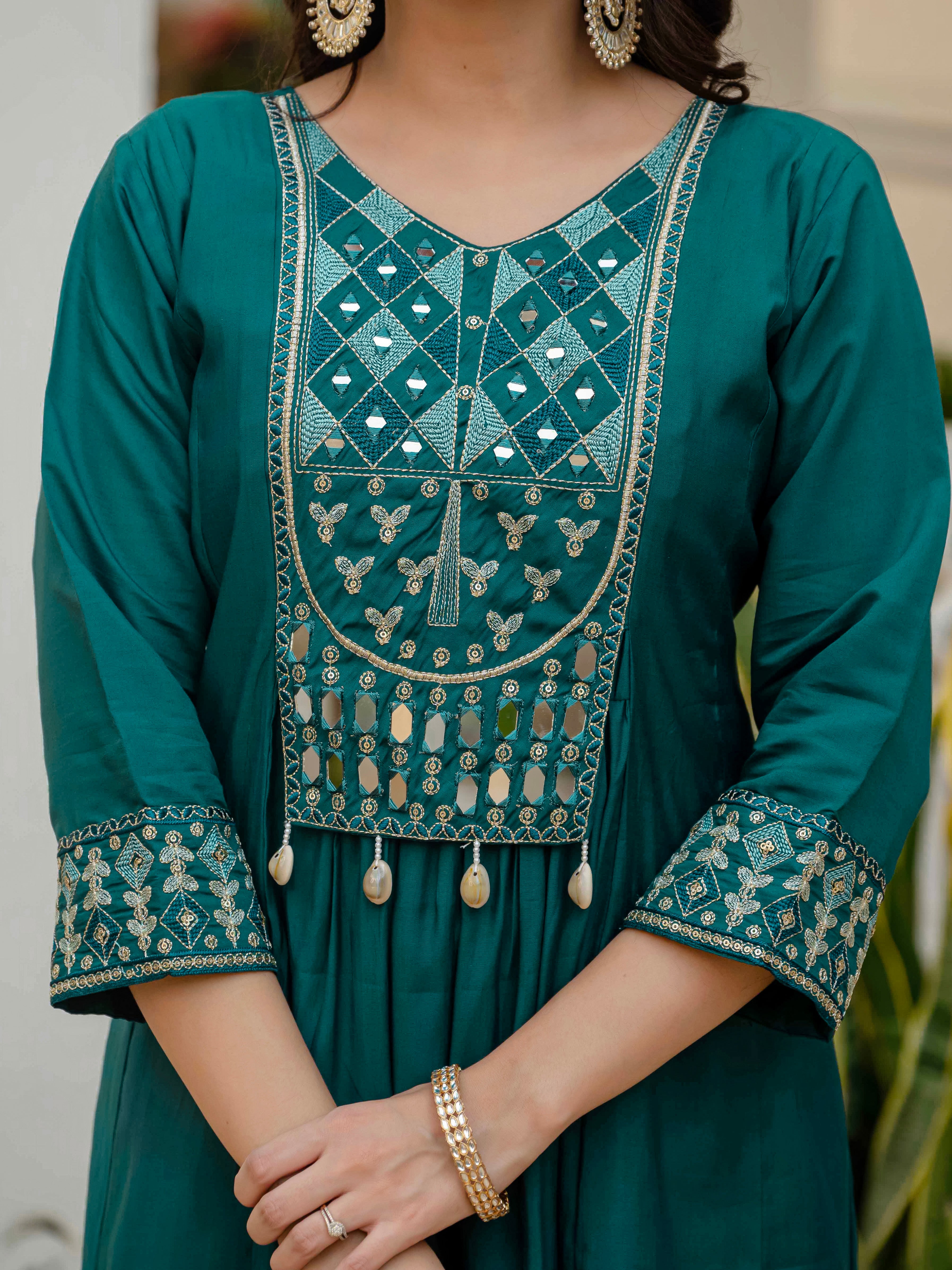 Viscose Roman Silk Embroidered Anarkali Kurti Set – Teal