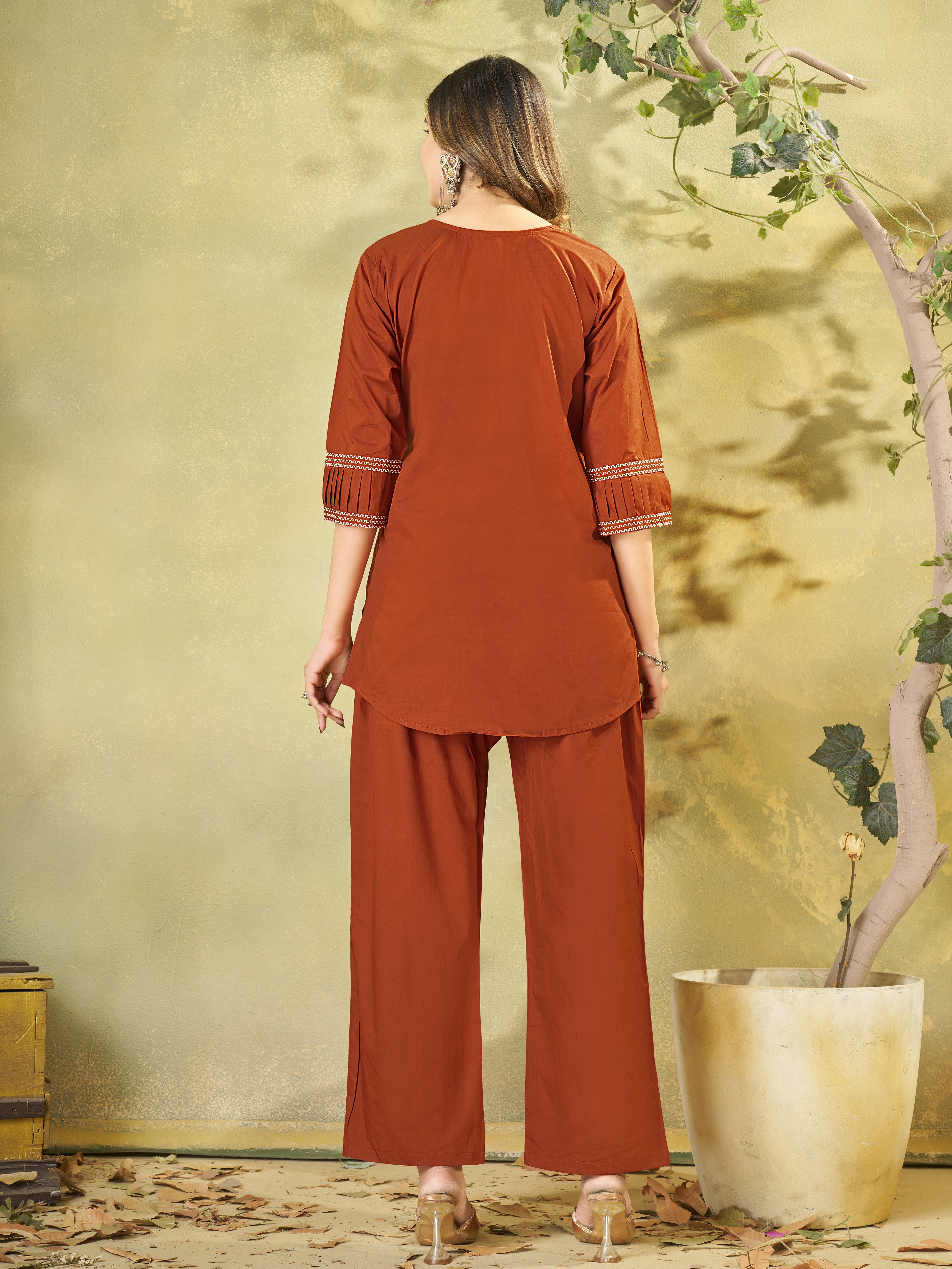 Pure Cotton Embroidered Co-Ords Set – Rust