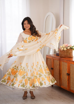 Organza Silk Printed Anarkali Set – Ivory Floral