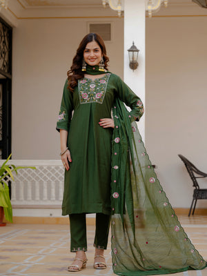 Pure Viscose Mango Silk Embroidered Straight Kurti Set – Green