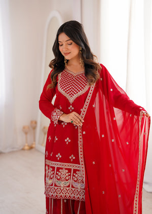 Georgette Embroidered Kurta-Sharara Set – Red