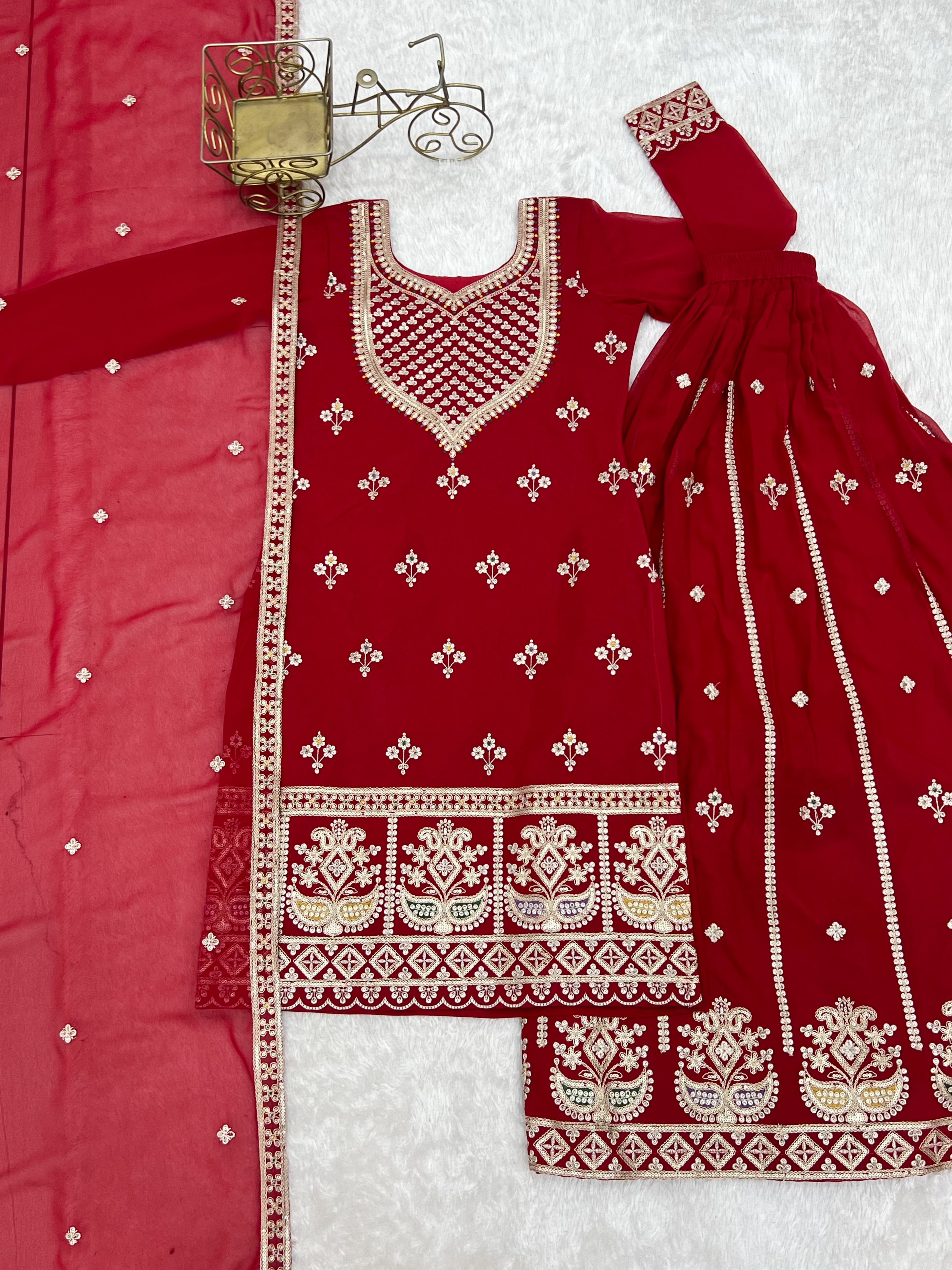 Georgette Embroidered Kurta-Sharara Set – Red