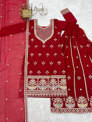 Georgette Embroidered Kurta-Sharara Set – Red