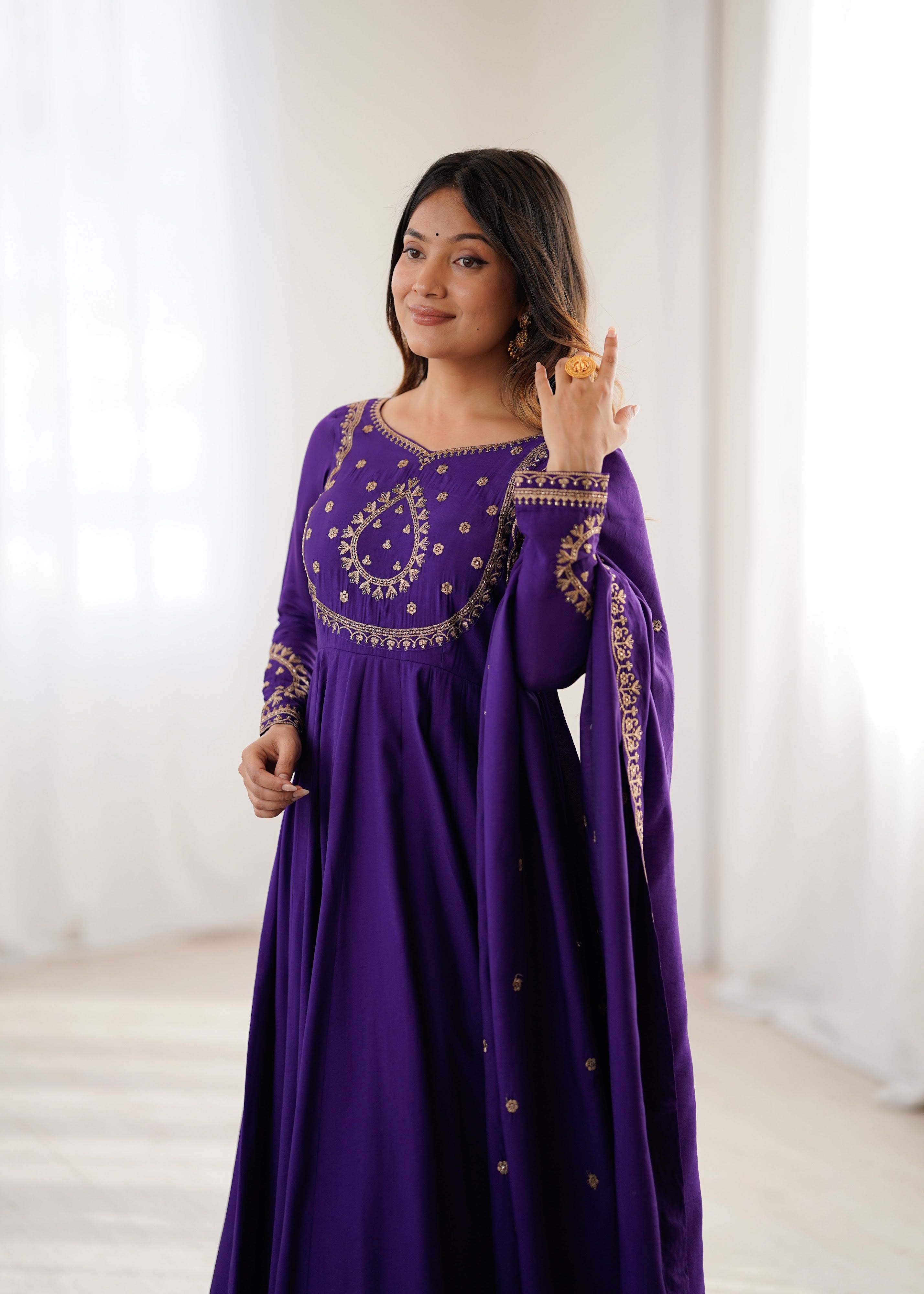 Roman Chanderi Silk Embroidered Anarkali Set – Purple