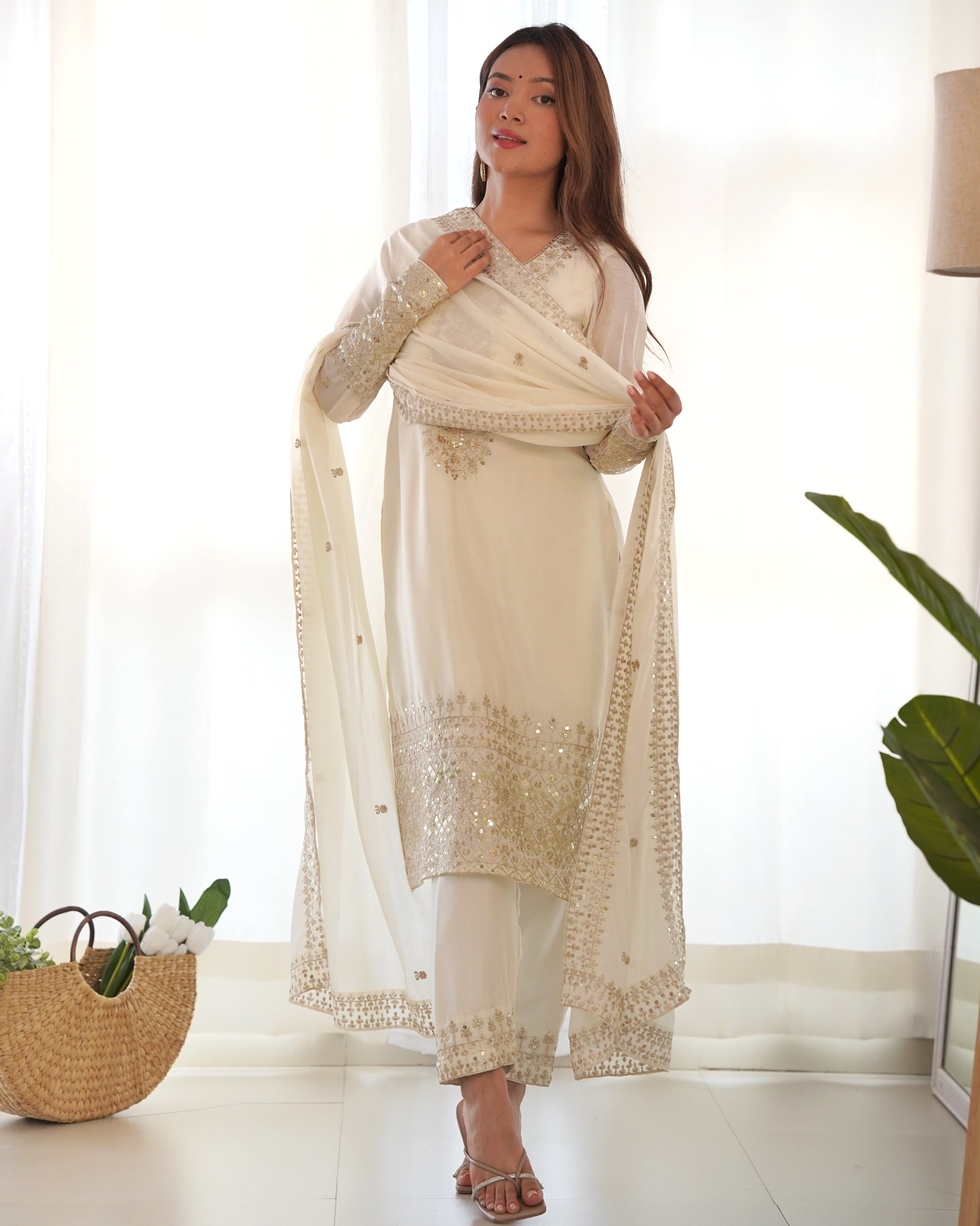 Chinon Silk Embroidered Straight Kurta Set – Ivory