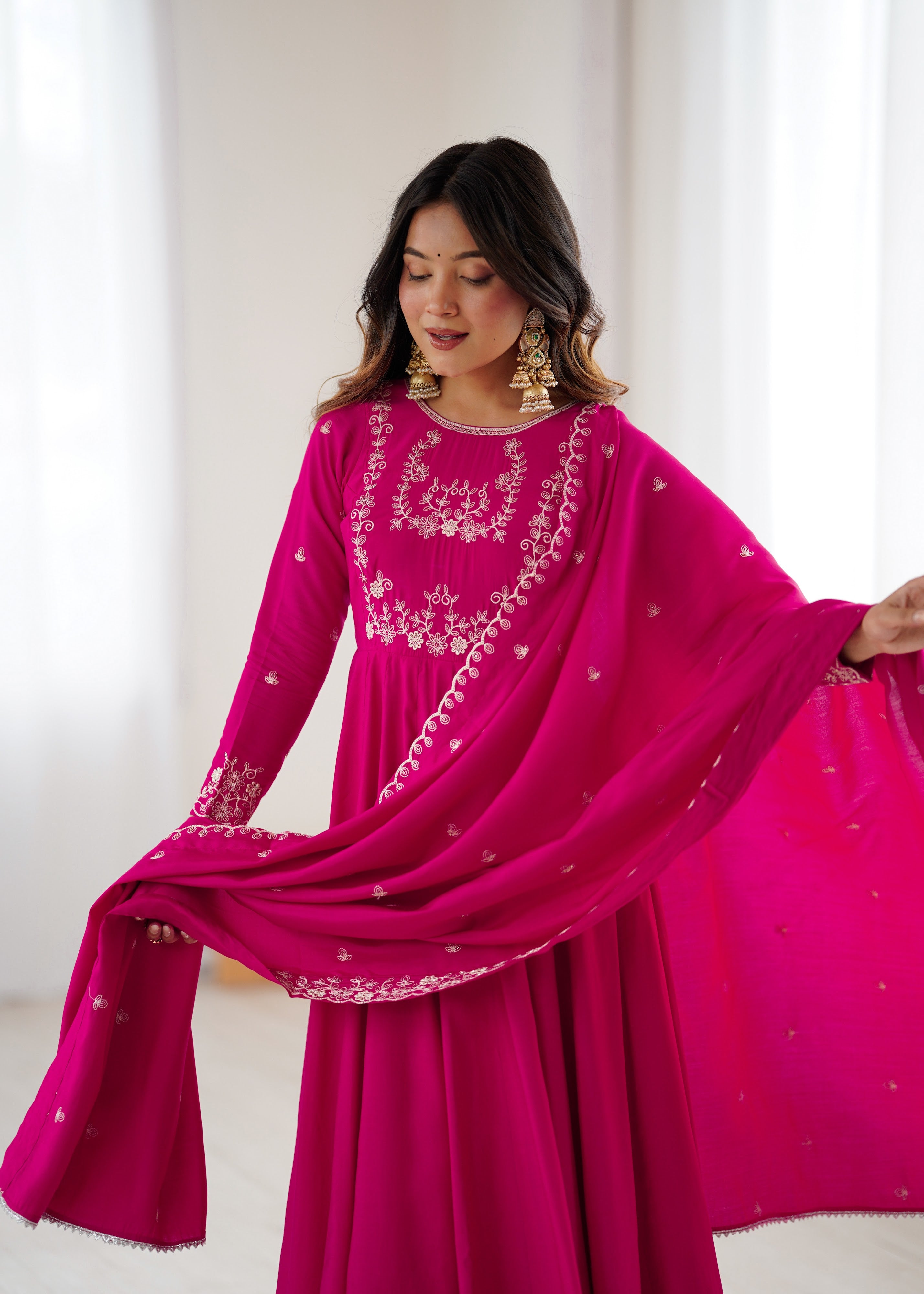 Roman Shimmer Silk Embroidered Anarkali Set – Rani Pink