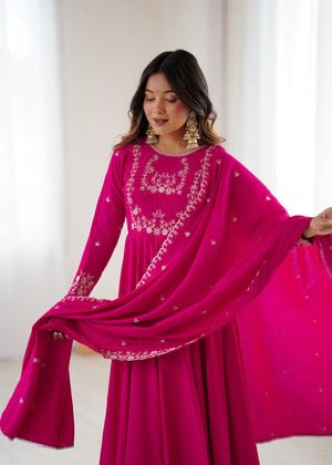 Roman Shimmer Silk Embroidered Anarkali Set – Rani Pink