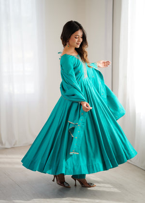 Roman Chanderi Silk Embroidered Anarkali Set – Teal Blue