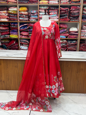 Organza Silk Printed Anarkali Set – Red