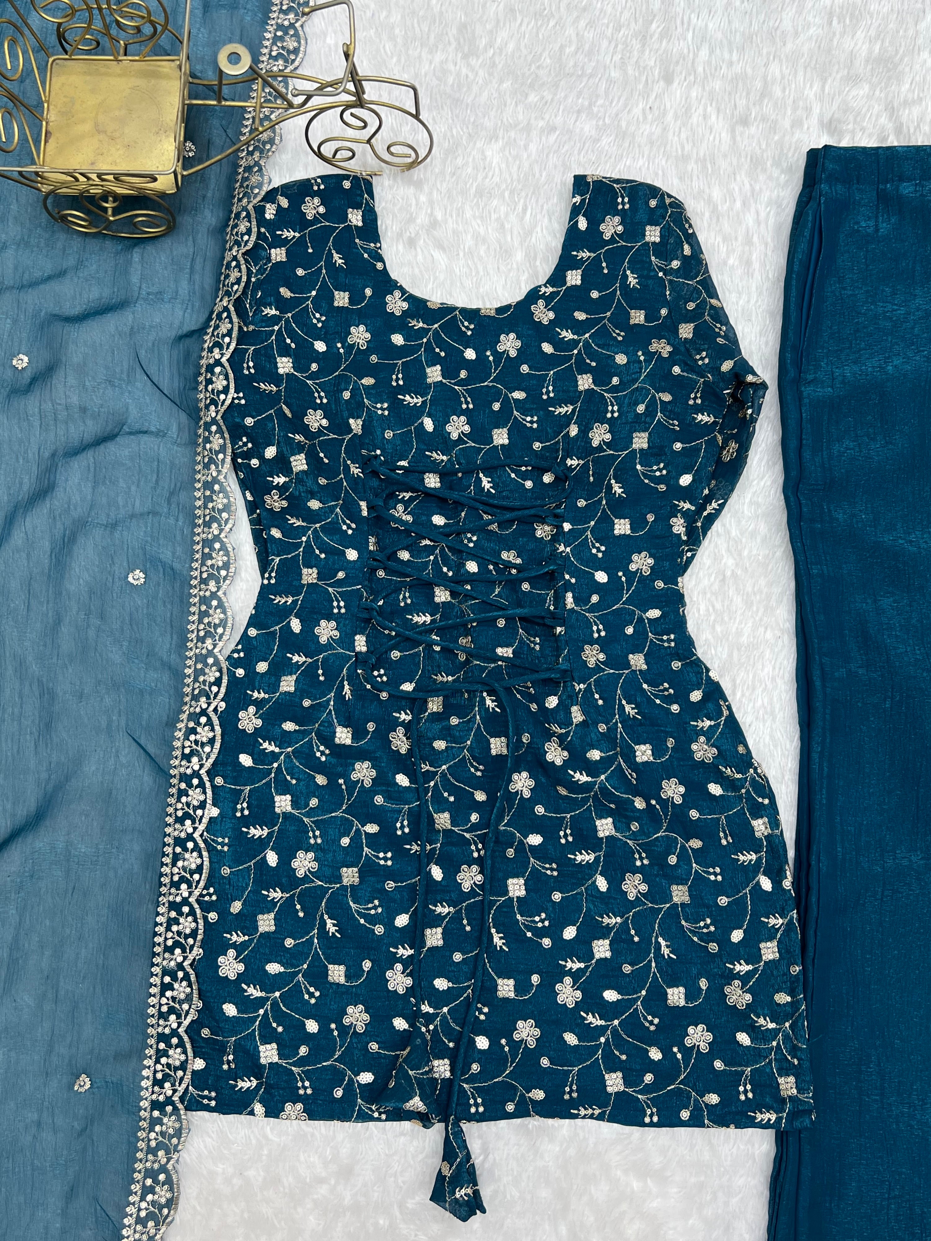 Crunchy Silk Embroidered Bell Bottom Set – Teal Blue
