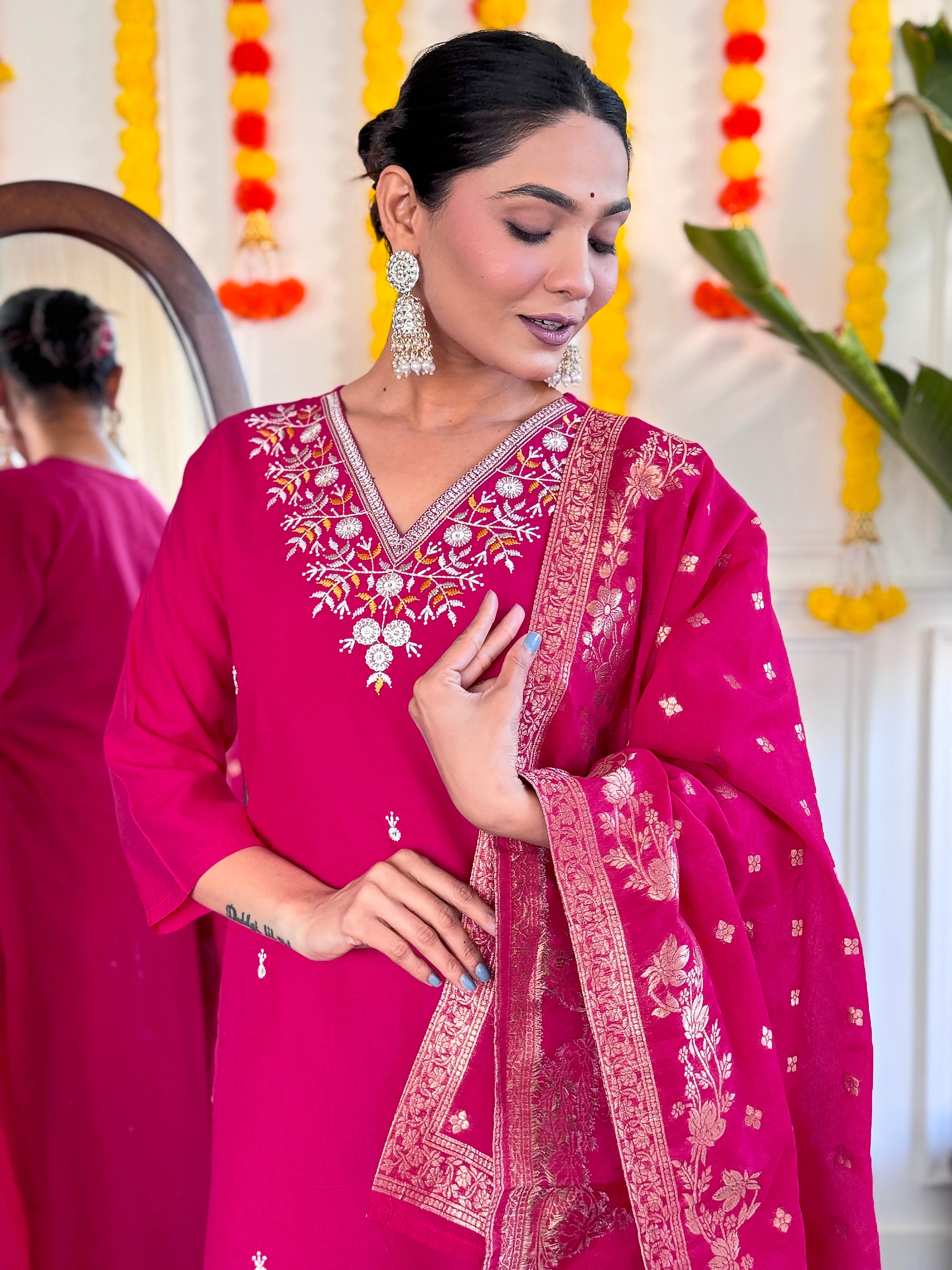 Viscose Chanderi Embroidered Kurta Pant Dupatta Set – Rani Pink