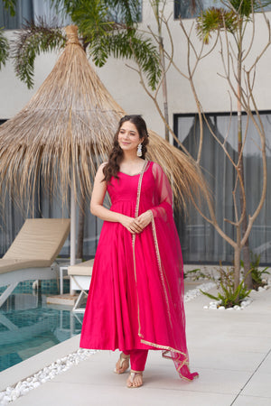 Roman Chanderi Silk Embroidered Anarkali Set – Rani Pink