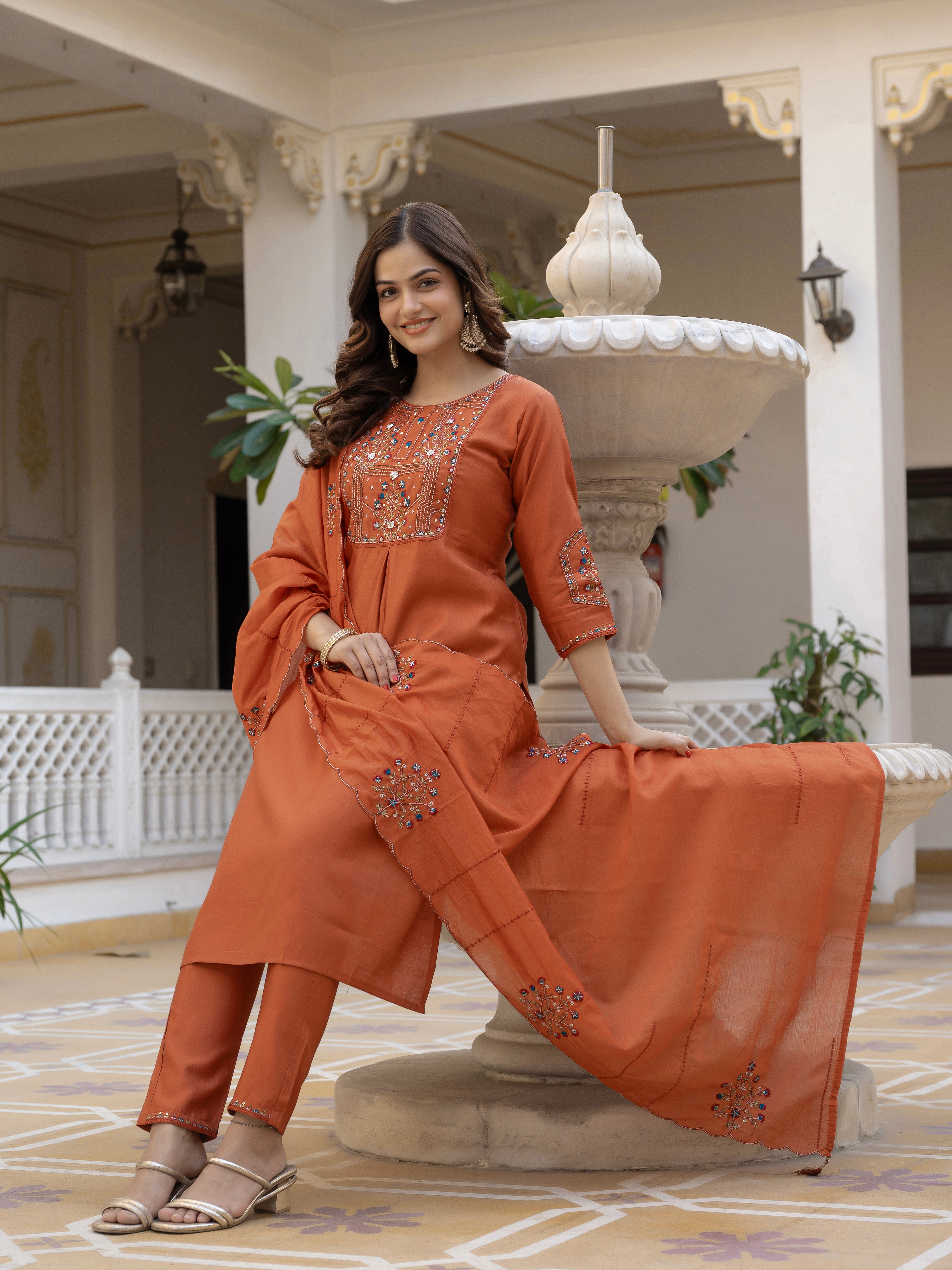 Pure Viscose Mango Silk Embroidered Straight Kurti Set – Rust