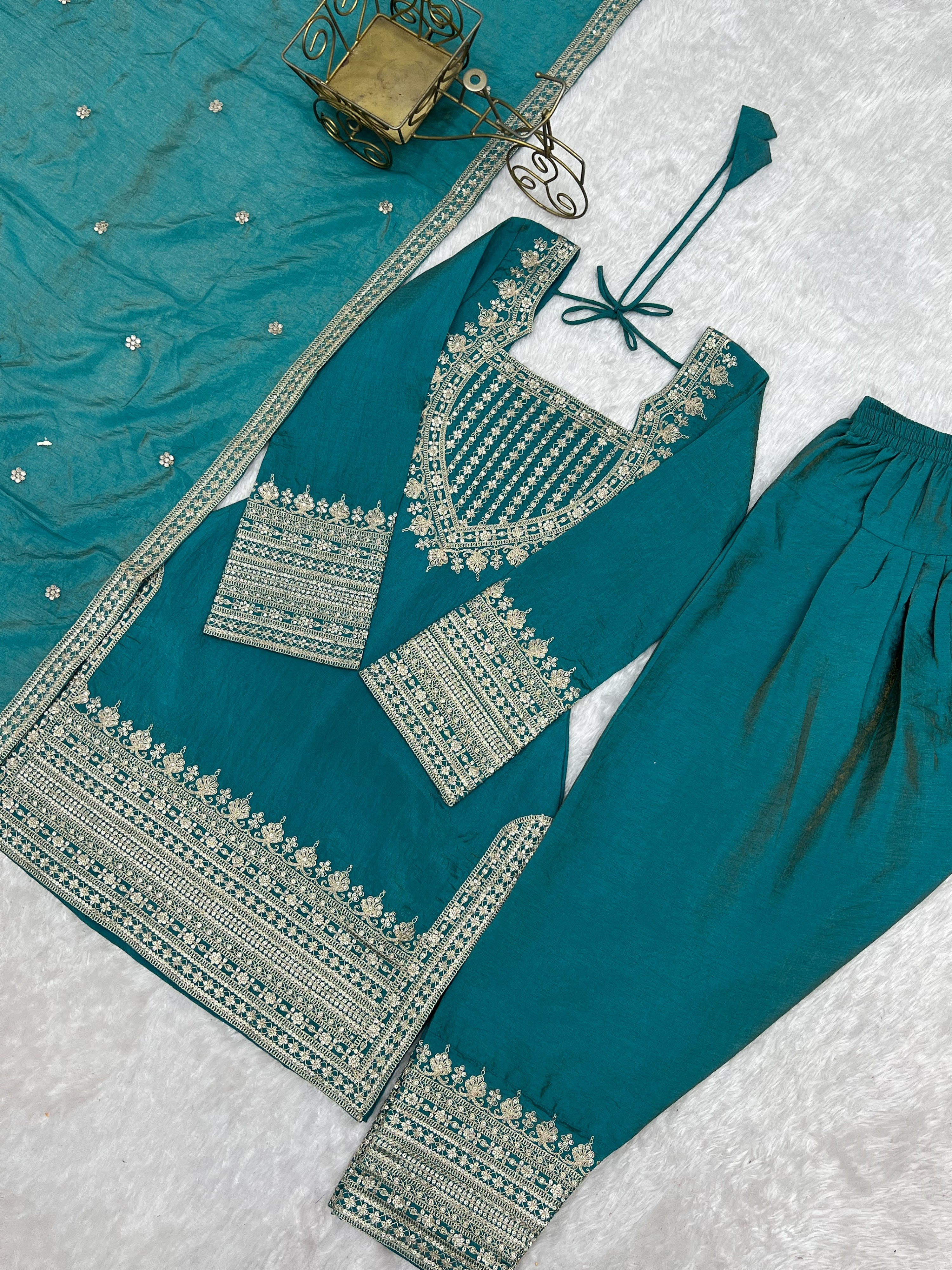 Vichitra Silk Embroidered Farshi Salwar Set – Sea Green