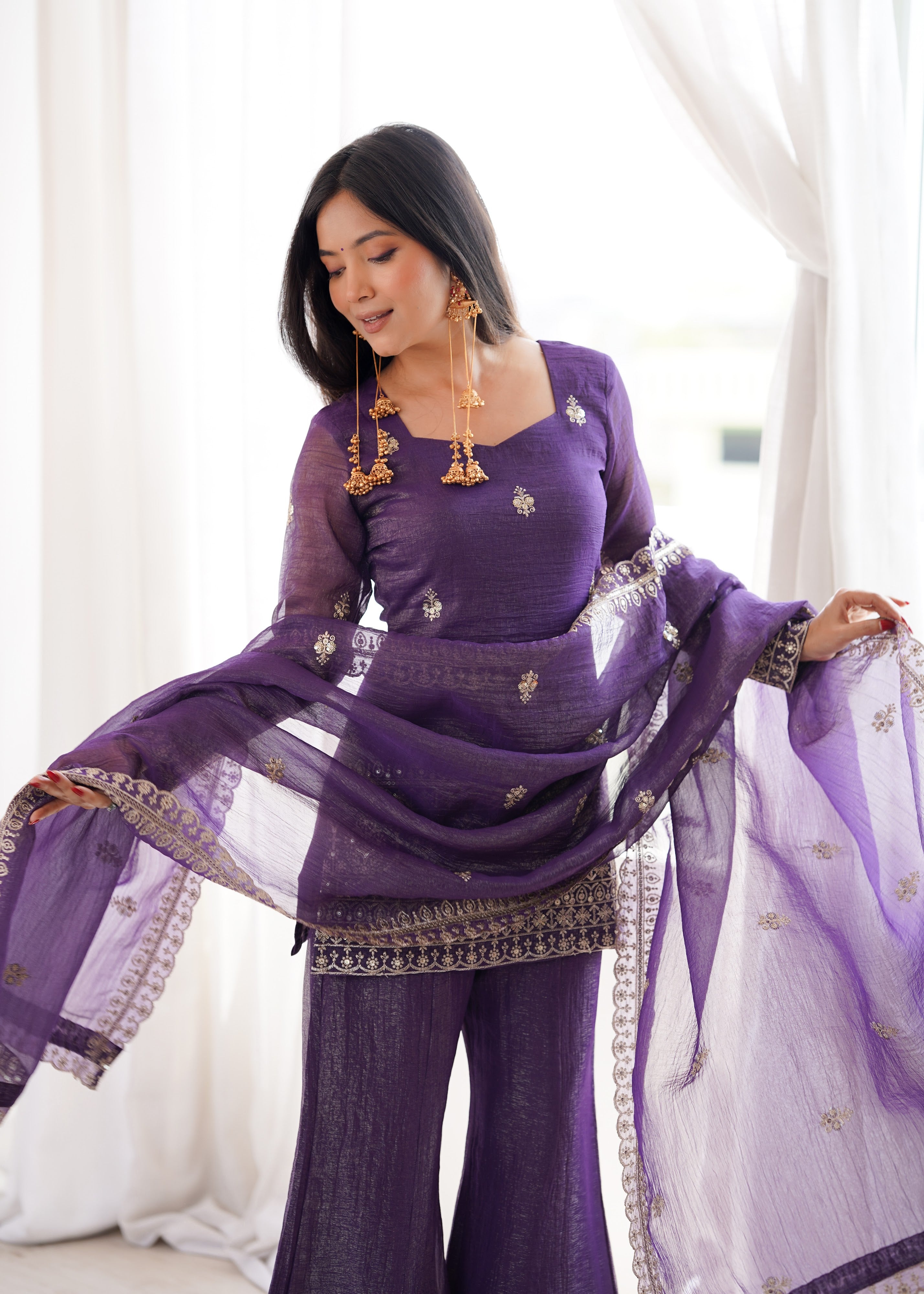 Crunchy Silk Embroidered Bell Bottom Set – Purple