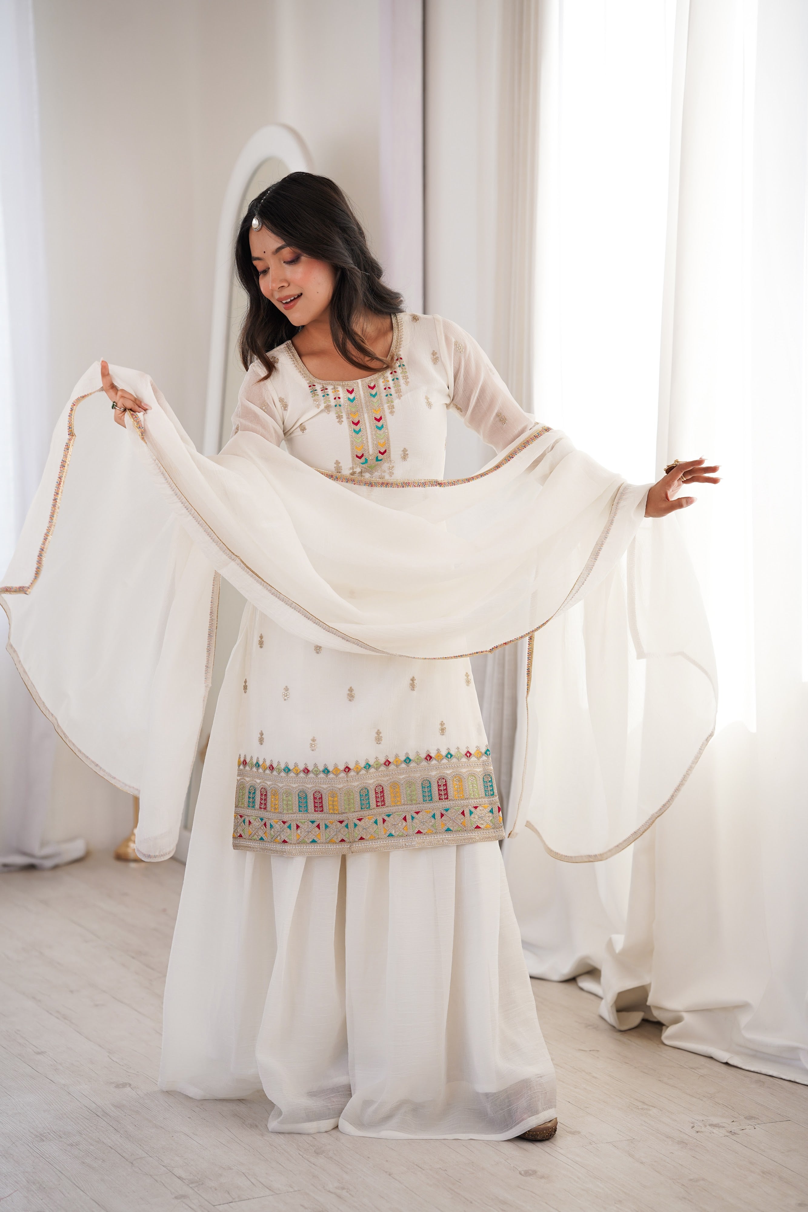 Crunchy Silk Embroidered Kurta-Sharara Set – White