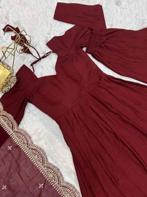 Roman Chanderi Silk Embroidered Anarkali Set – Maroon