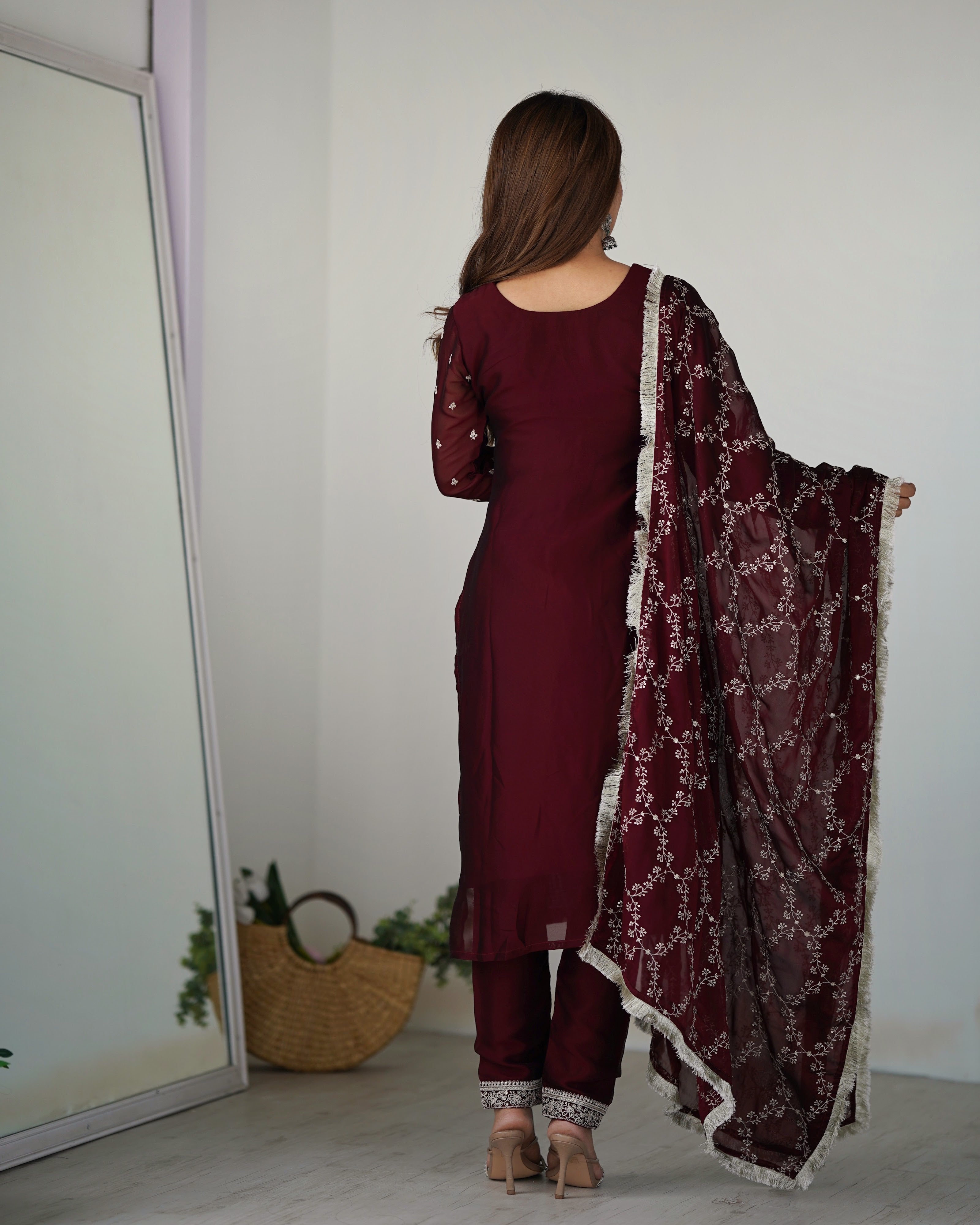 Rangoli Silk Embroidered Straight Kurta Set – Maroon