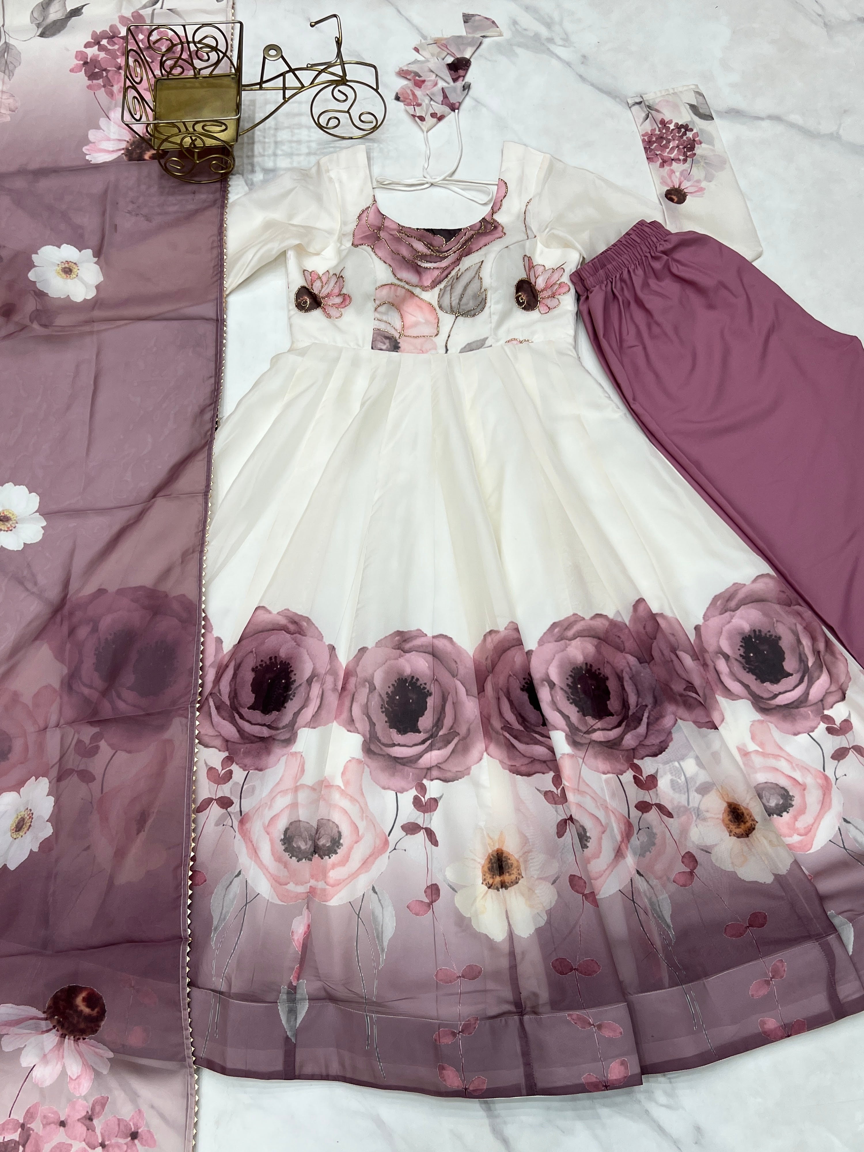 Organza Silk Printed Anarkali Set – Lilac Floral