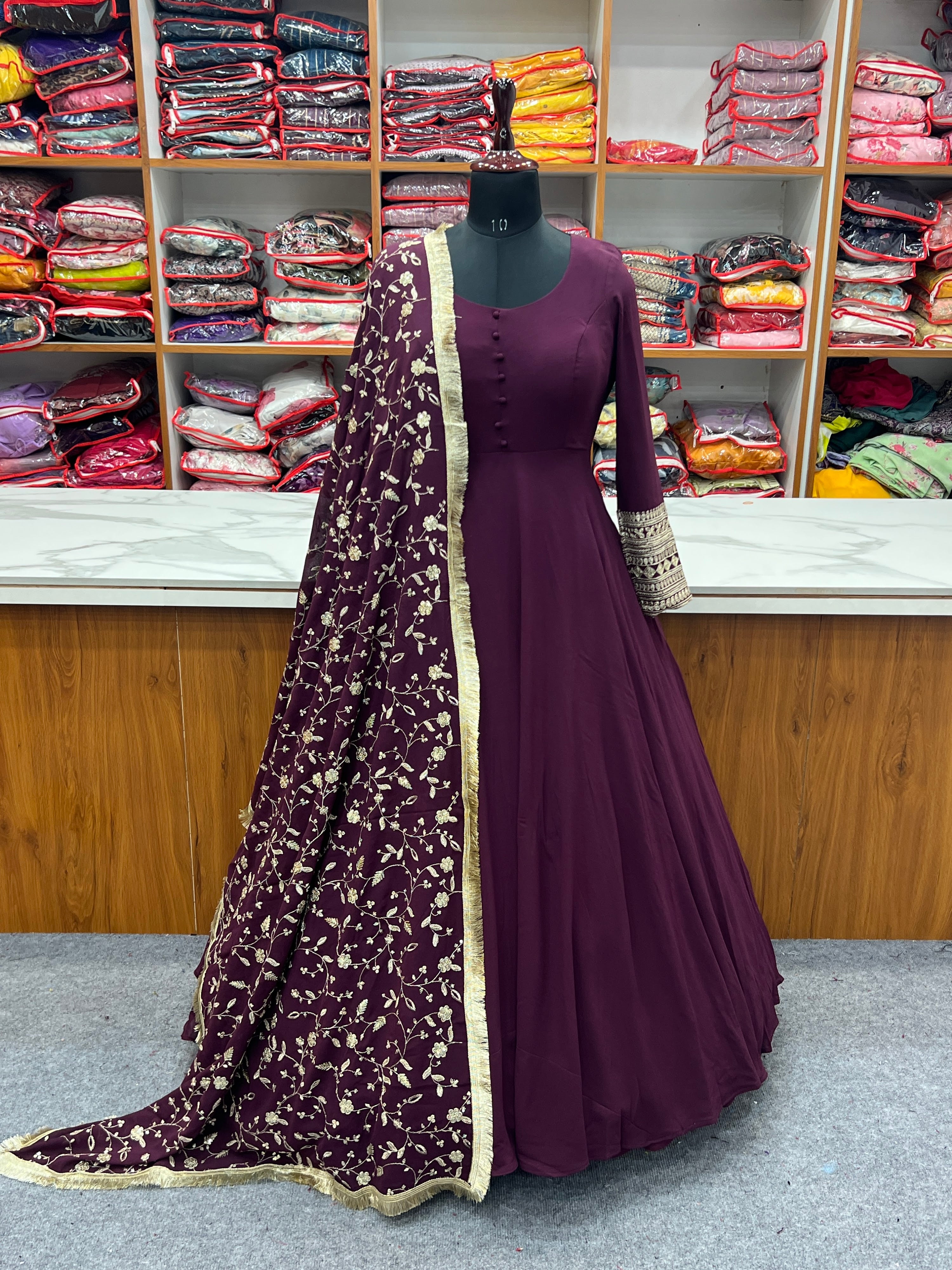 Georgette Embroidered Gown Set – Wine