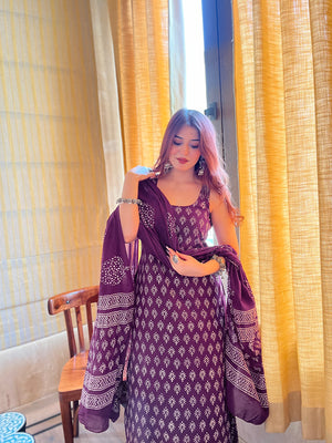 Rayon Slub Printed Kurta Pant Dupatta Set – Purple
