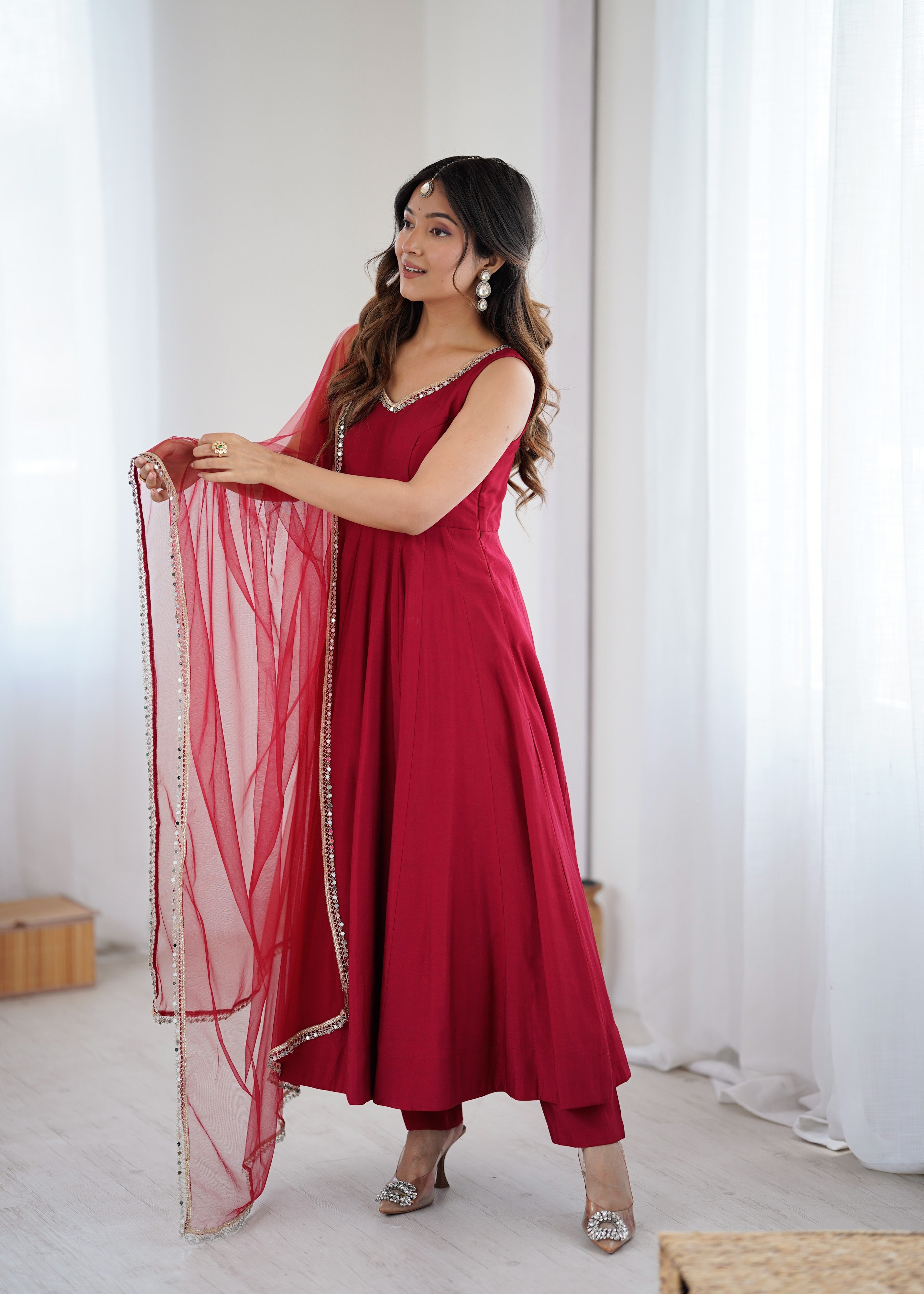 Roman Chanderi Silk Embroidered Anarkali Set – Maroon