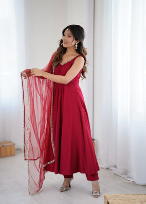Roman Chanderi Silk Embroidered Anarkali Set – Maroon