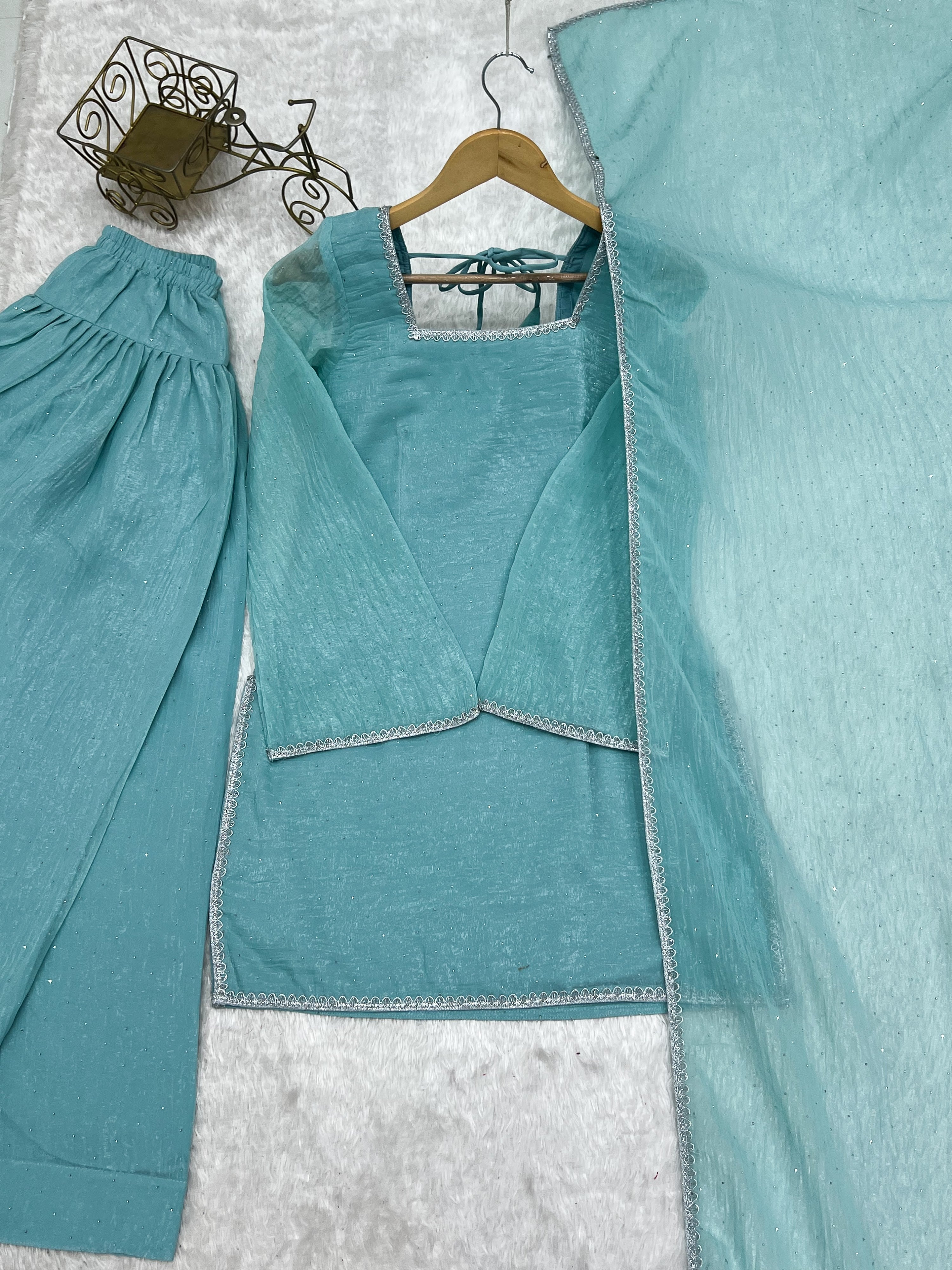 Crunchy Silk Embroidered Farshi Salwar Set – Sky