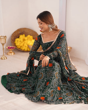 Soft Lightweight Chiffon Bandhej Fabric Inner Micro Cotton Embroidered Anarkali Set – Green